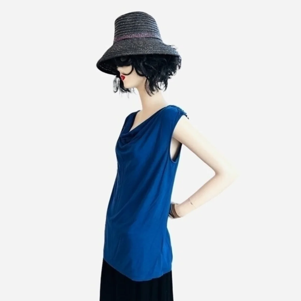 Michael Kors Womens Blue Cowl Neck Sleeveless Top M Silver Chain Shoulder VG